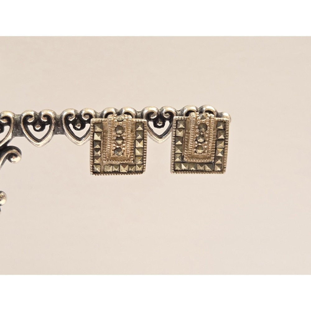 Vintage Bali Style Sterling Silver & Marcasite 13mm Square Stud Earrings 925